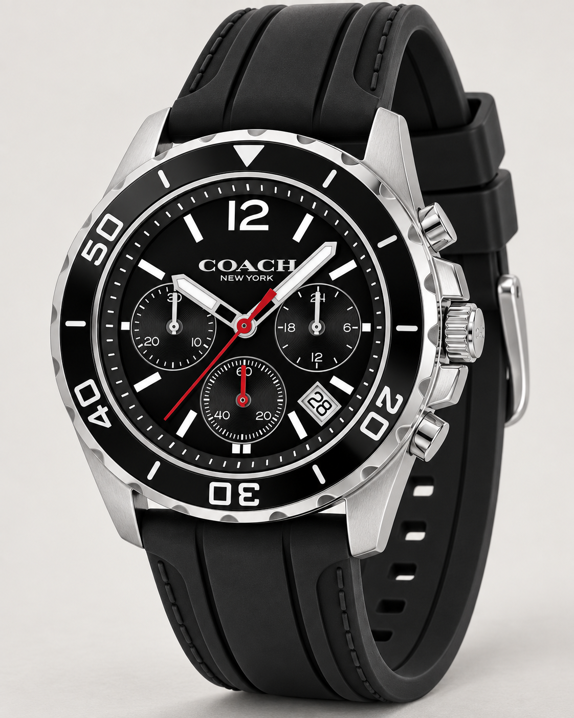 Coach Kent 14602565 silver-tone and black silicone chronograph three-quarter product profile