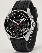 Coach Kent 14602565 silver-tone and black silicone chronograph three-quarter product profile