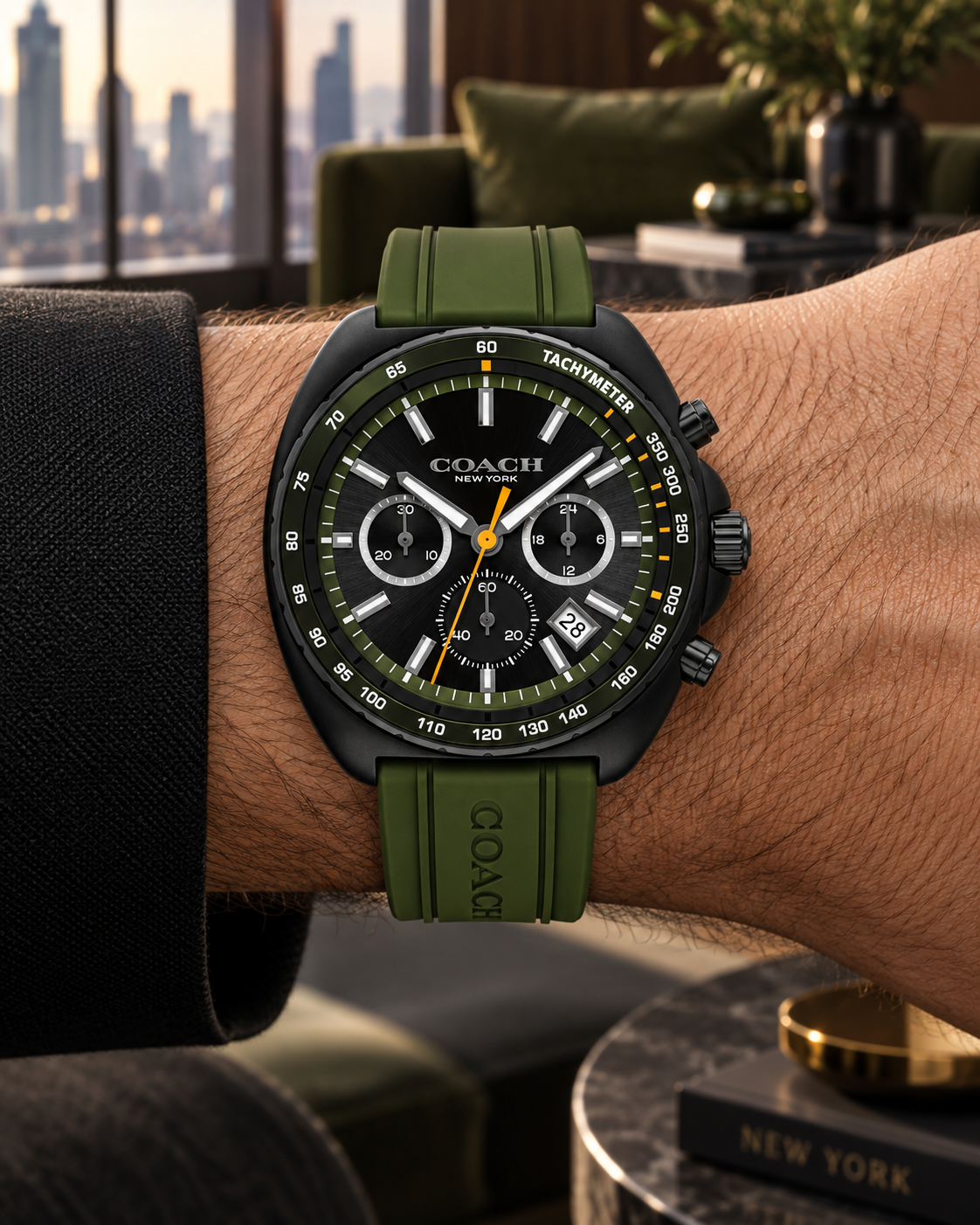 Coach Charter Chronograph Men's Watch 44mm – Black/Olive Green – 14602707 – on wrist