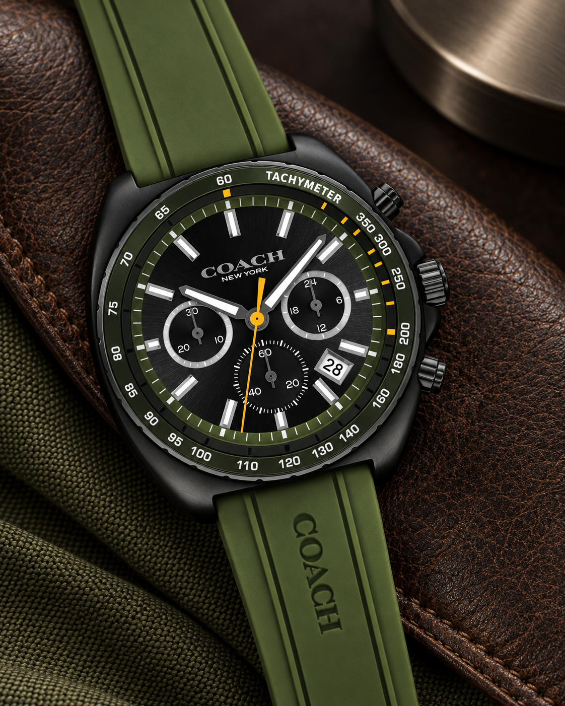 Coach Charter Chronograph Men's Watch 44mm – Black/Olive Green – 14602707 – luxury flatlay