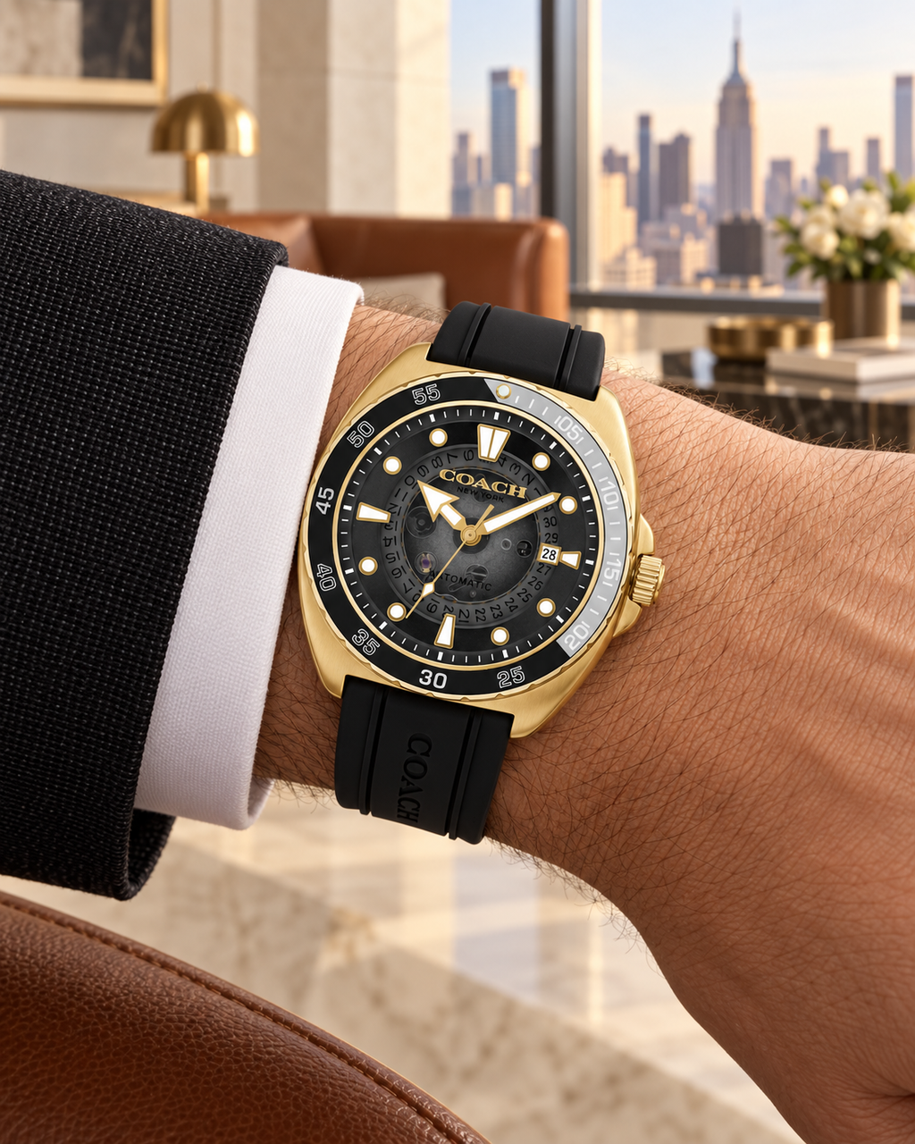 Coach Charter Automatic Men's Watch 44.5mm – Black/Gold – 14602718 – on wrist
