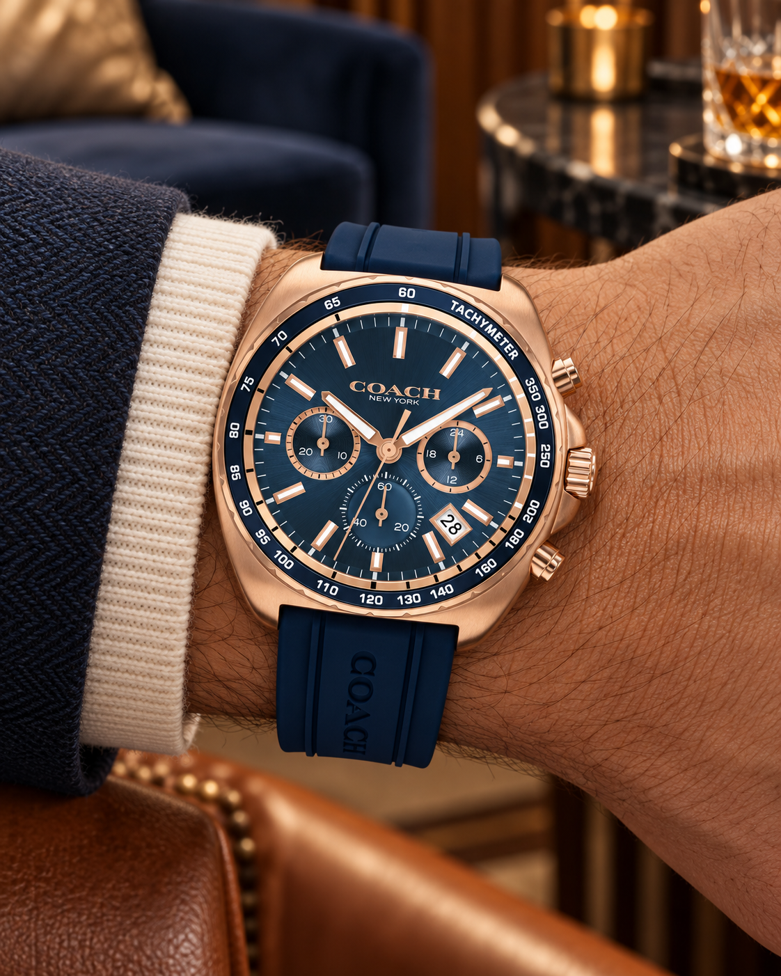 Coach Charter Chronograph Men's Watch 44.5mm – Blue/Rose Gold – 14602730 – on wrist