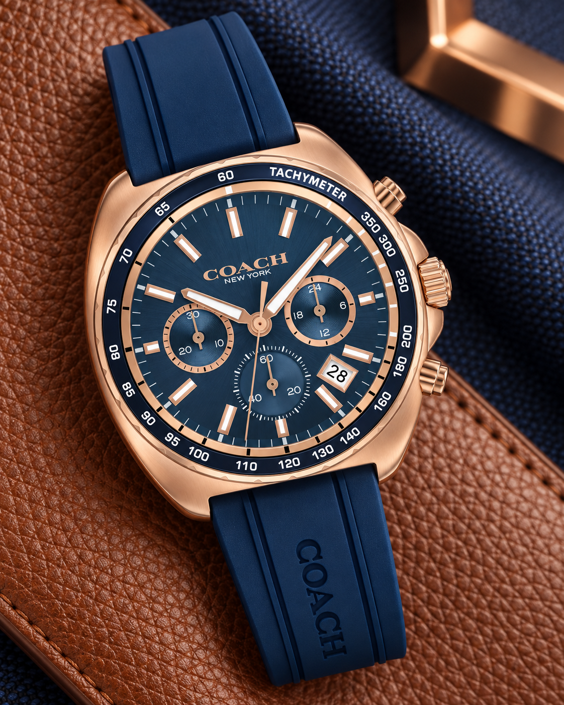 Coach Charter Chronograph Men's Watch 44.5mm – Blue/Rose Gold – 14602730 – luxury flatlay