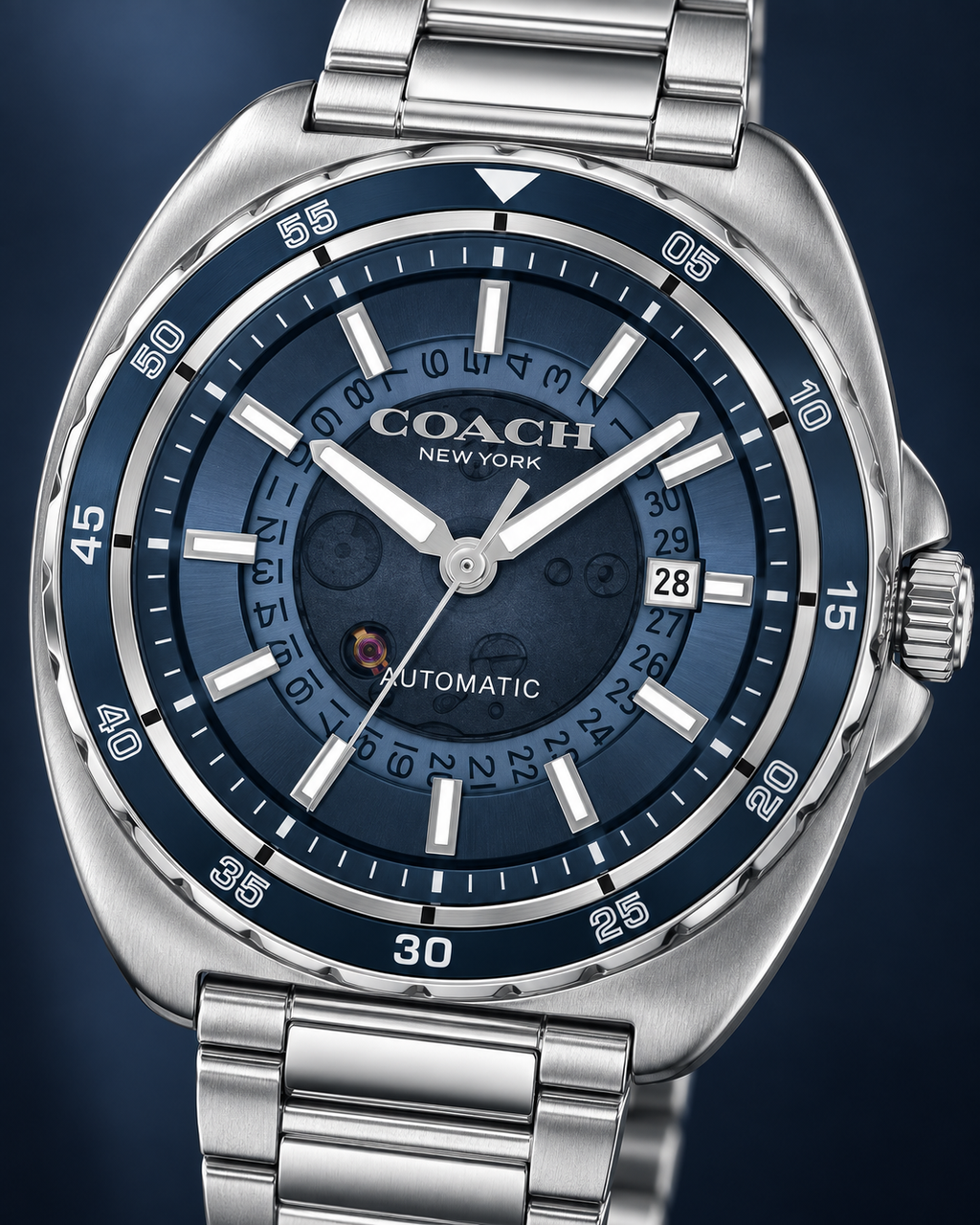 Coach Charter 14602711 blue automatic watch dial detail