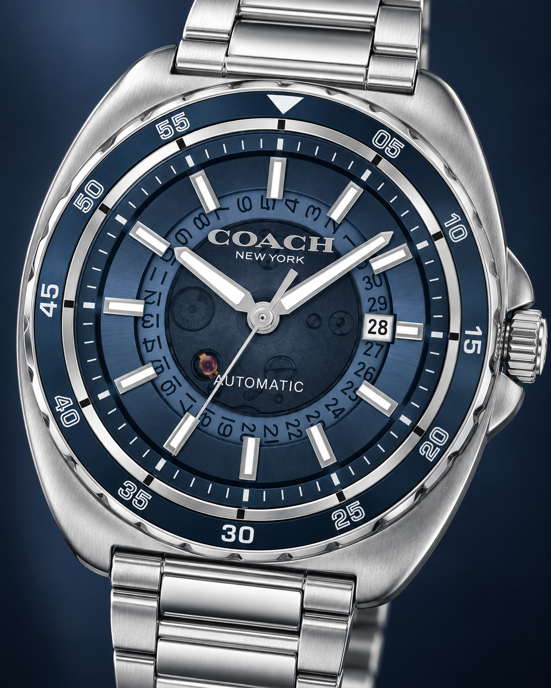 Coach Charter 14602711 blue automatic watch dial detail