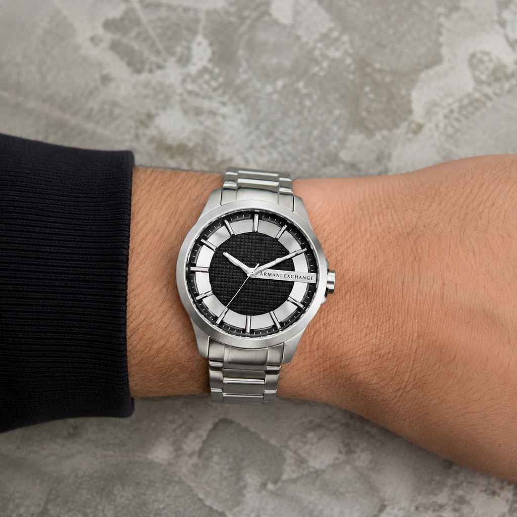 Armani Exchange AX2179 men's silver watch on wrist