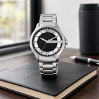 Armani Exchange AX2179 men's silver watch desk scene
