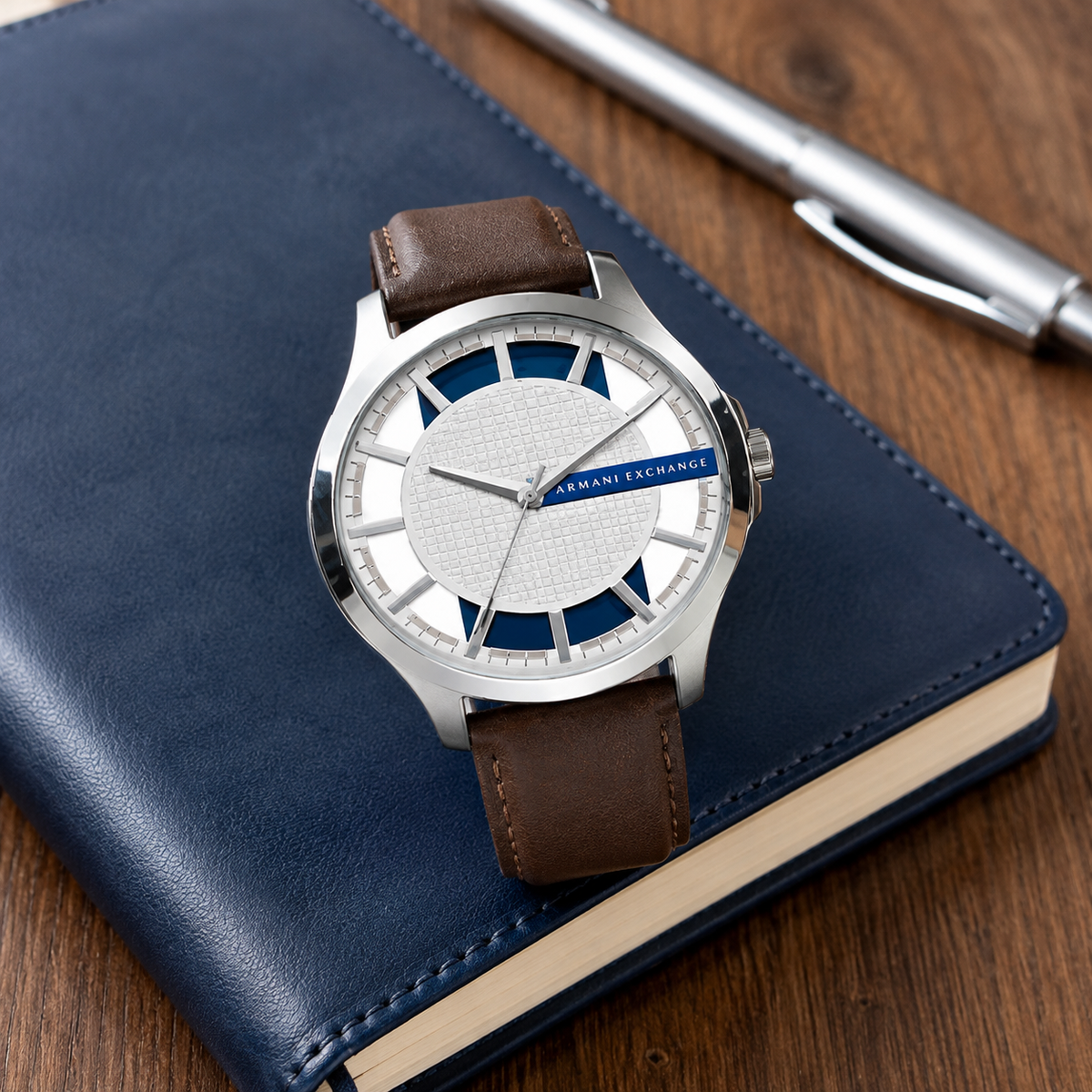 Armani Exchange AX2187 men's leather watch desk scene