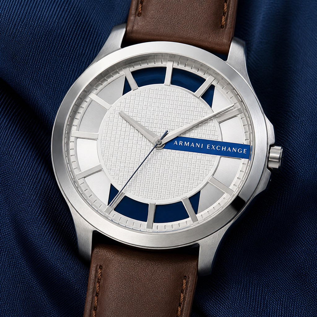 Armani Exchange AX2187 men's leather watch dial macro