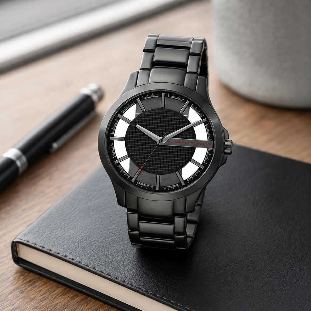 Armani Exchange AX2189 men's black gunmetal watch desk scene