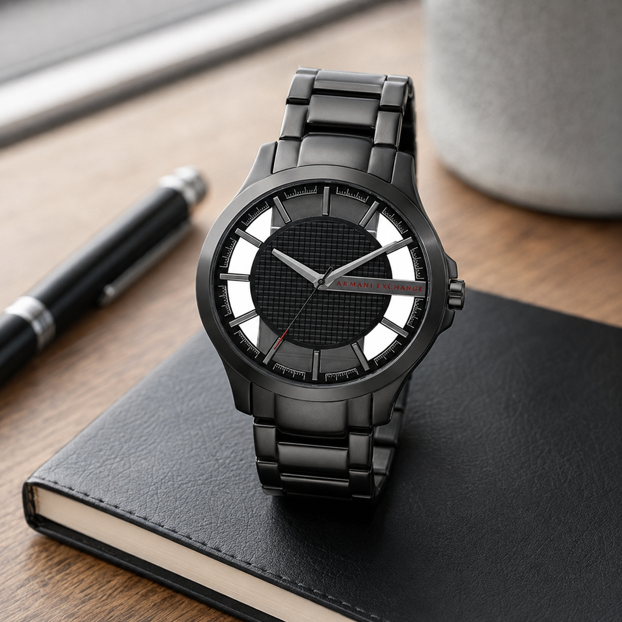 Armani Exchange AX2189 men's black gunmetal watch desk scene