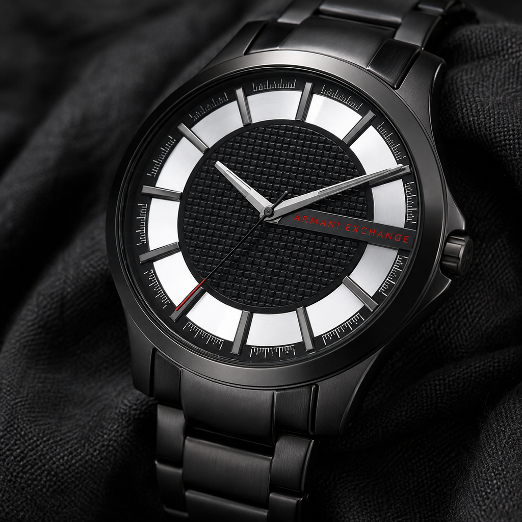 Armani Exchange AX2189 men's black gunmetal watch dial macro