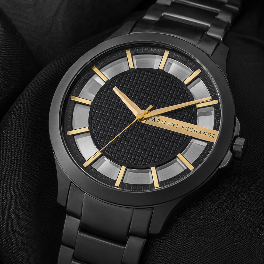 Armani Exchange AX2192 men's black and gold watch dial macro