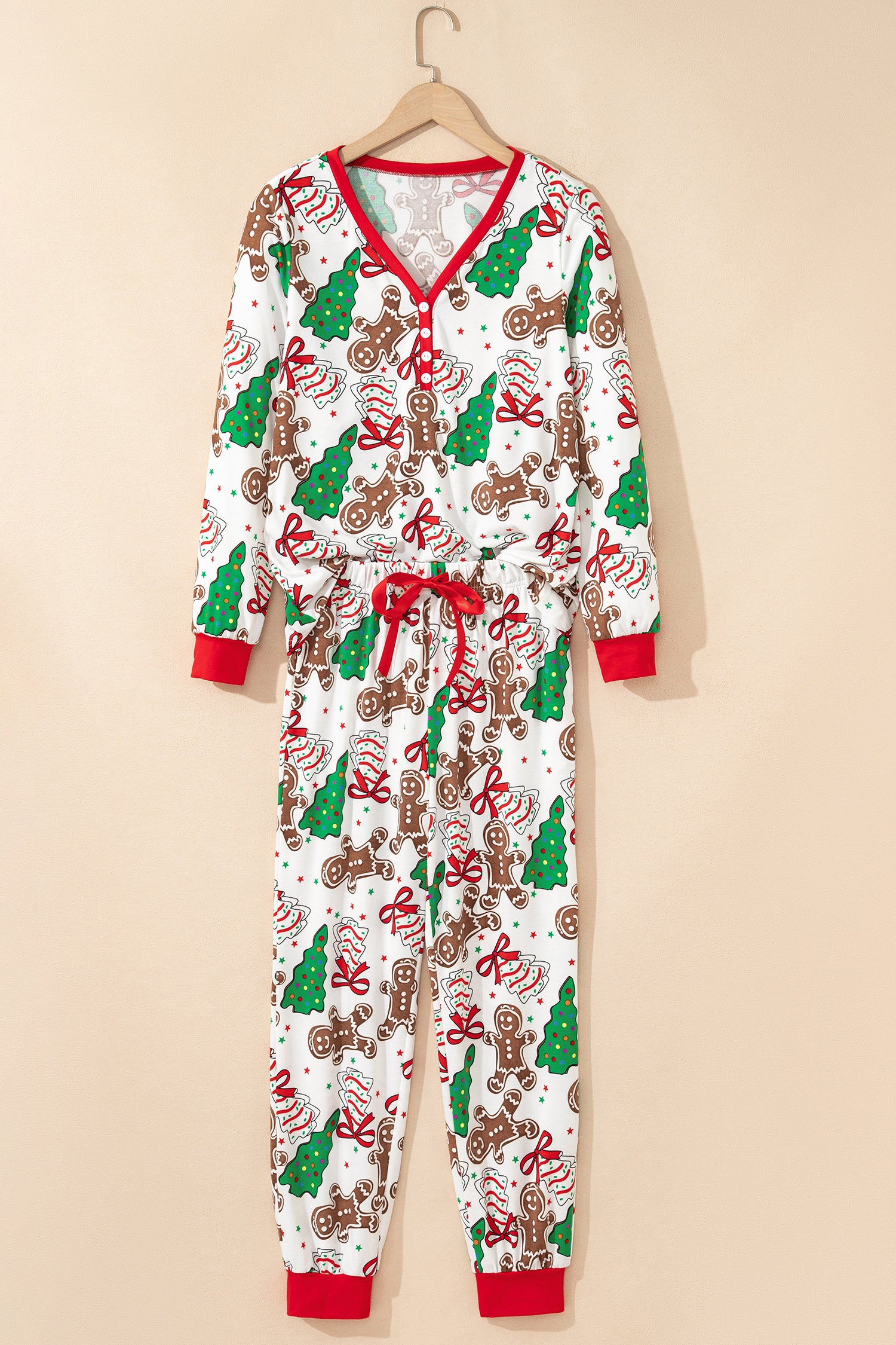 Pink Christmas Pattern Button V Neck Pullover Drawstring Pants 2pcs Lounge Set
