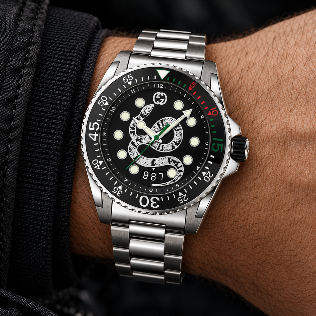 Gucci Dive YA136218 snake dial watch worn on wrist