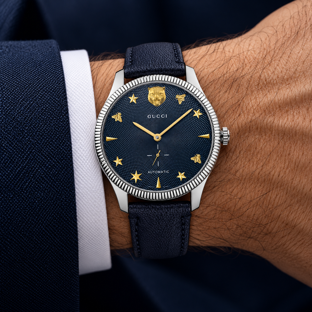 Gucci G-Timeless 40mm Automatic Men's Watch – Blue Leather – YA126347 worn on wrist