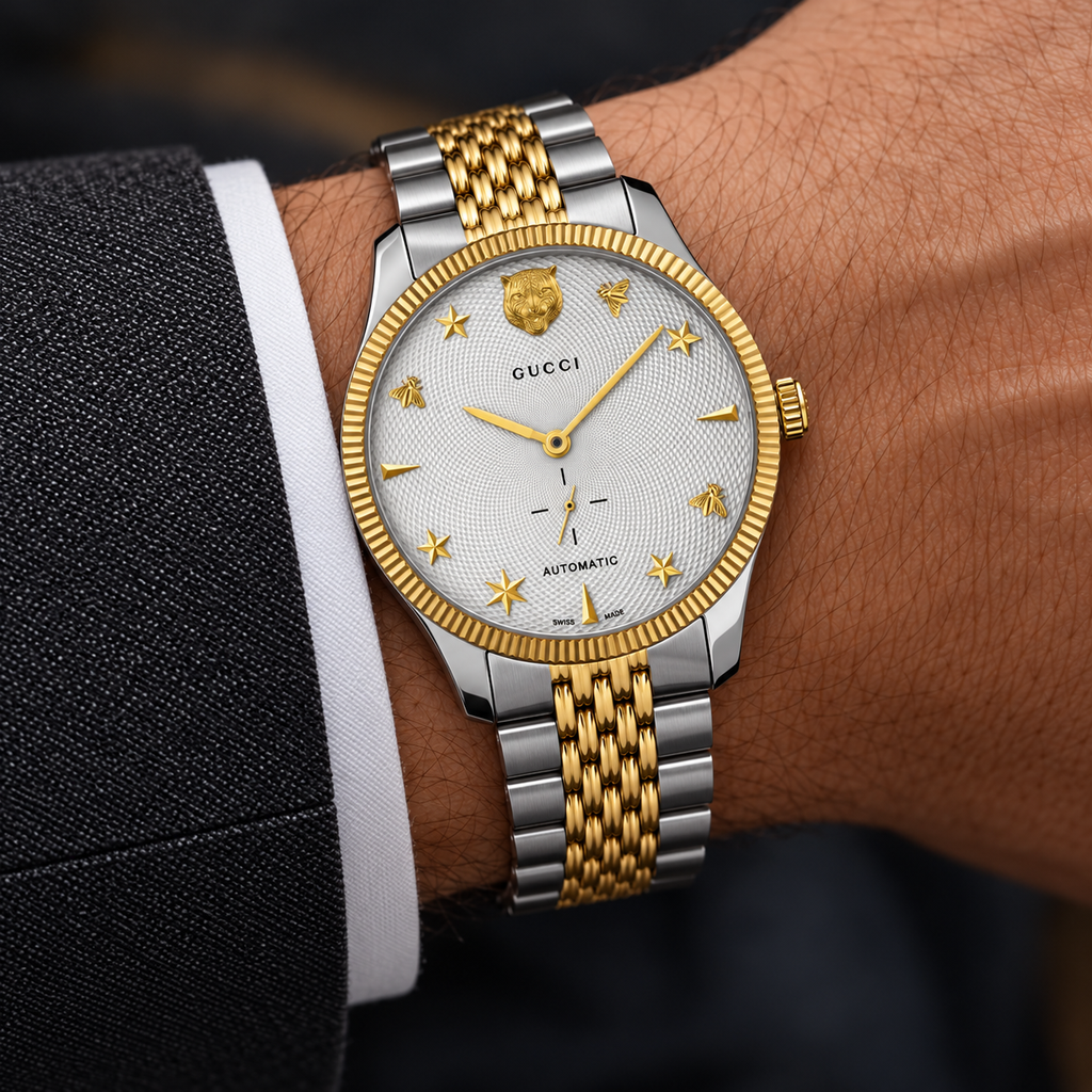 Gucci G-Timeless 40mm Automatic Men's Watch – Two-Tone – YA126356 worn on wrist