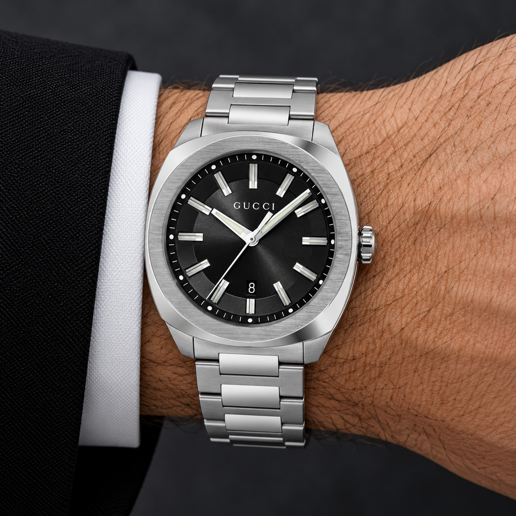 Gucci GG2570 41mm Quartz Men's Watch – Black Dial – YA142301 worn on wrist