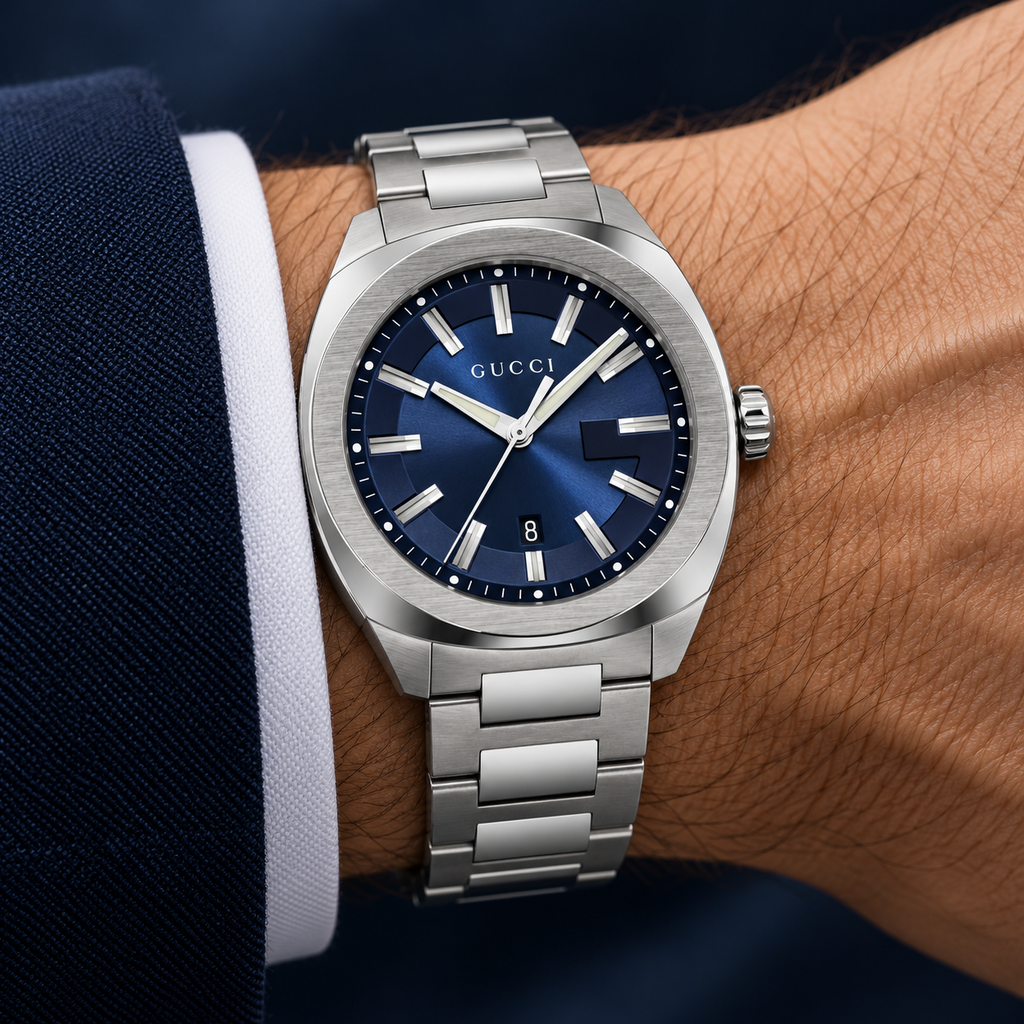 Gucci GG2570 41mm Quartz Men's Watch – Blue Dial – YA142303 worn on wrist