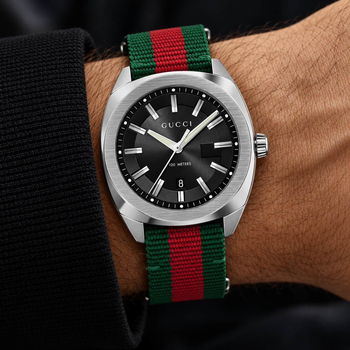 Gucci GG2570 41mm Quartz Men's Watch – Web Strap – YA142305 worn on wrist