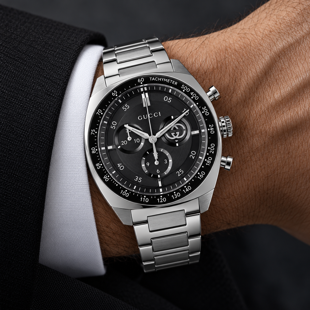Gucci Interlocking 41mm Chronograph Men's Watch – Black Dial – YA142316 worn on wrist