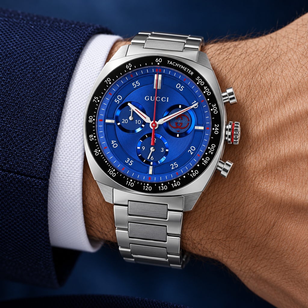 Gucci Interlocking 41mm Chronograph Men's Watch – Blue Dial – YA142317 worn on wrist