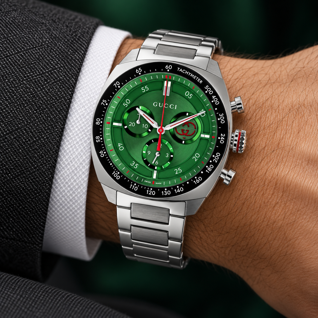 Gucci Interlocking 41mm Chronograph Men's Watch – Green Dial – YA142318 worn on wrist