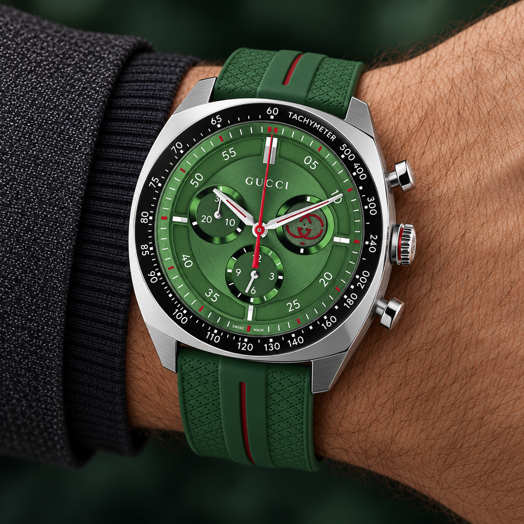 Gucci YA142319 green Interlocking G chronograph worn on wrist