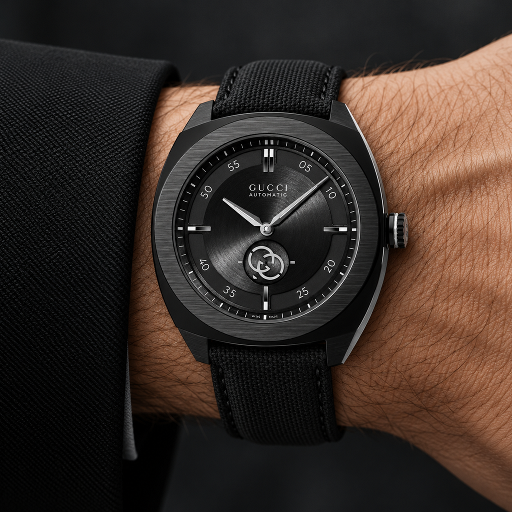 Gucci YA142330 black automatic watch worn on wrist