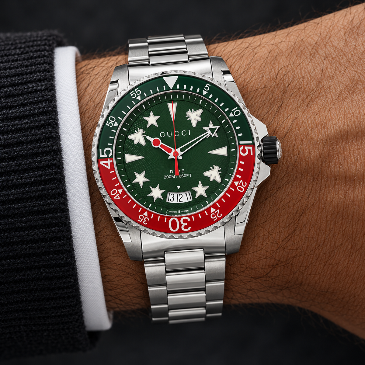 Gucci Dive YA136222 worn upright on a man's wrist