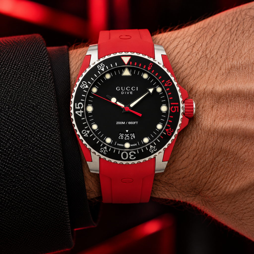 Gucci Dive 40mm Red Rubber Men's Watch YA136309 – wrist lifestyle view
