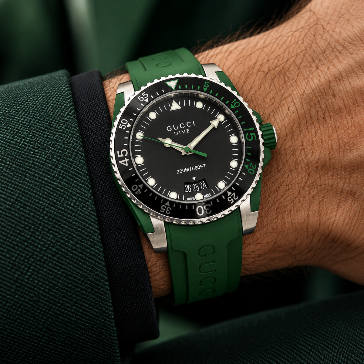 Gucci Dive 40mm Green Rubber Men's Watch YA136310 – wrist lifestyle view