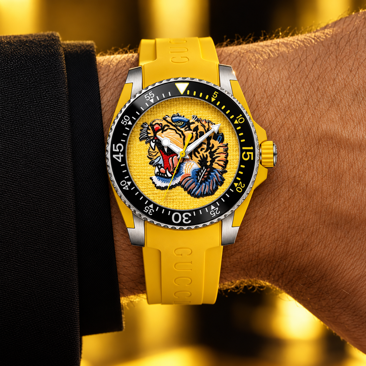 Gucci Dive Tiger 40mm Yellow Men's Watch YA136317 – wrist lifestyle view