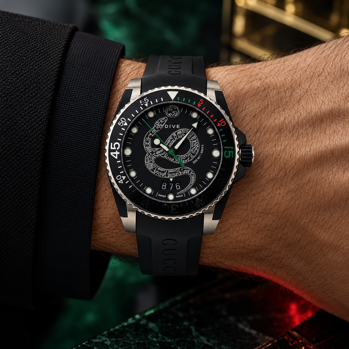 Gucci Dive Snake 40mm Black Men's Watch YA136323 – wrist lifestyle view