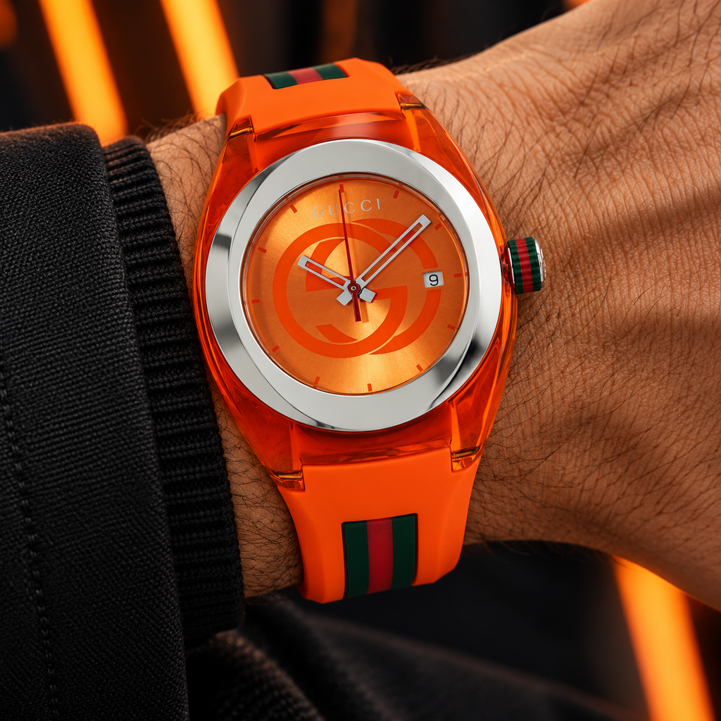 Gucci Sync XXL YA137108 orange men's watch on wrist