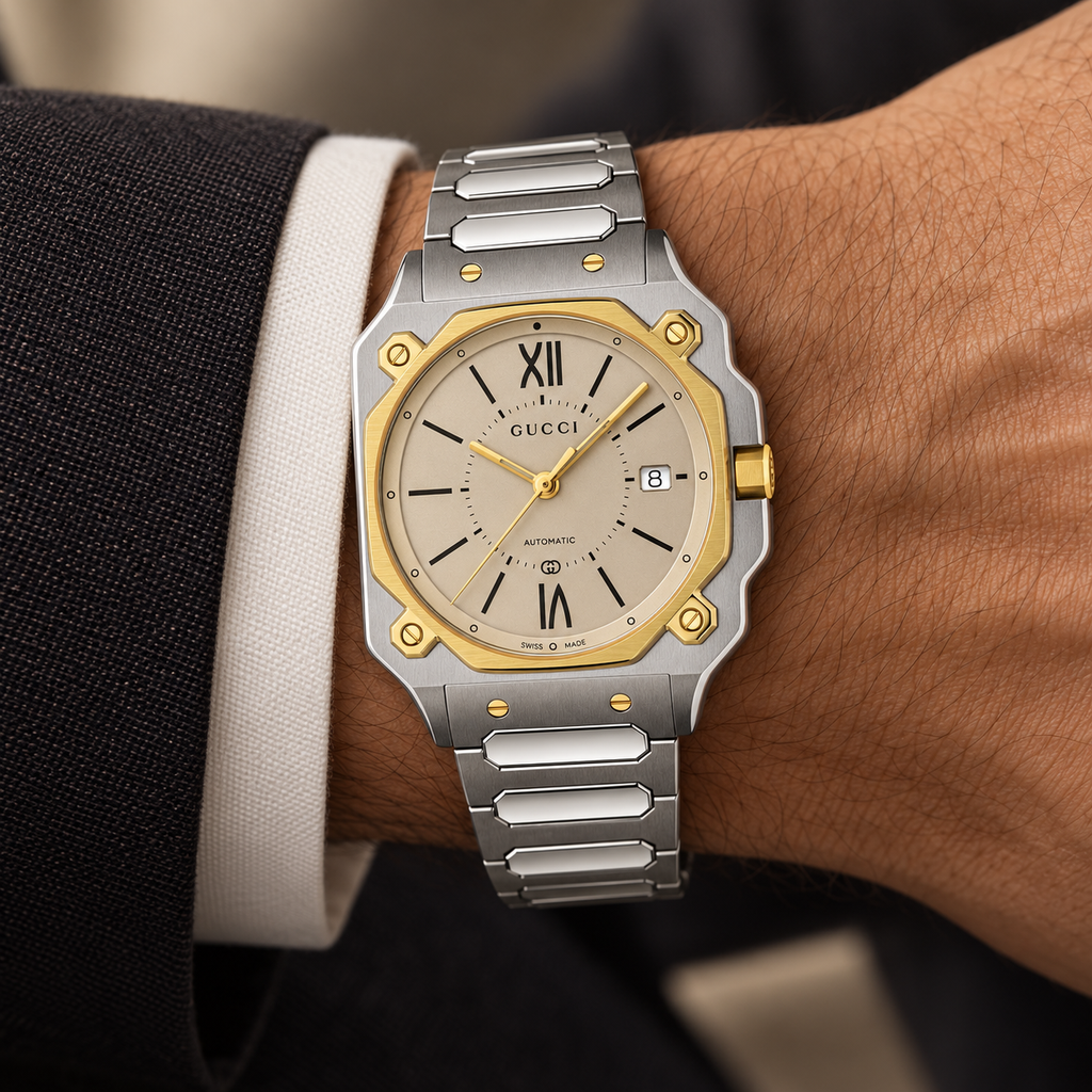 Gucci G-Flat YA166403 automatic two-tone watch worn on wrist