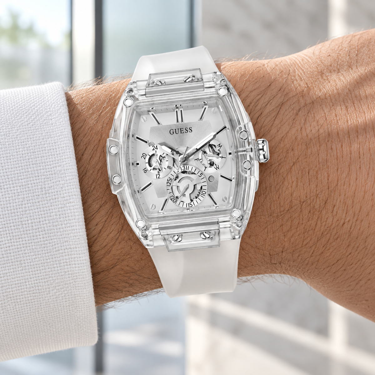 GUESS Mens Venix Clear Multi-function Watch – Venix, Clear skeleton-style multi-function dial, Clear transparent silicone strap, 41.5 mm – GW0203G1 – image 1