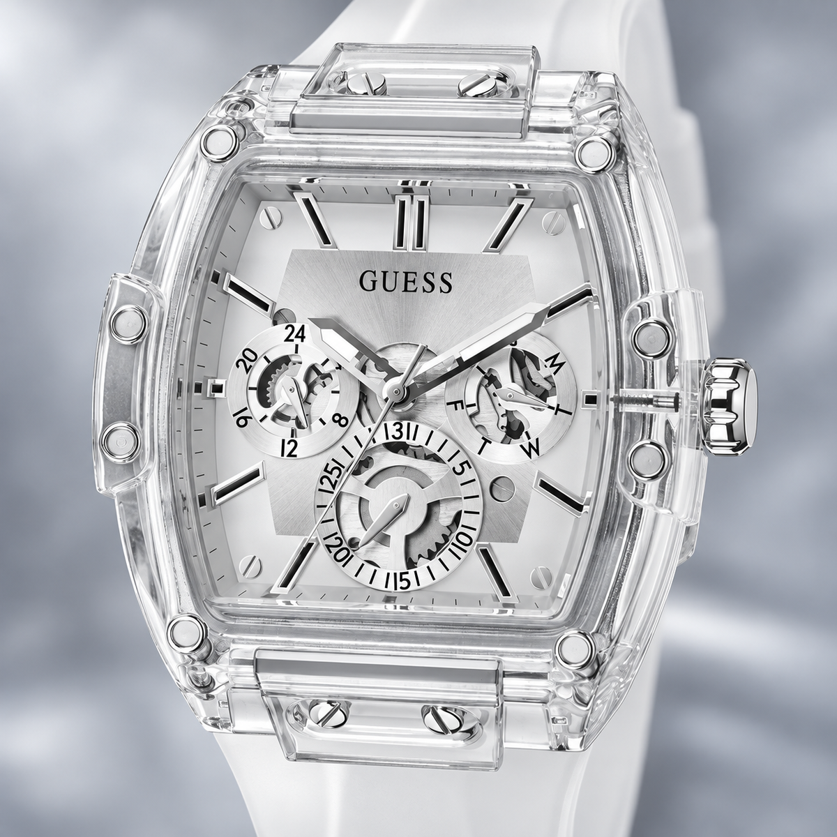 GUESS Mens Venix Clear Multi-function Watch – Venix, Clear skeleton-style multi-function dial, Clear transparent silicone strap, 41.5 mm – GW0203G1 – image 3