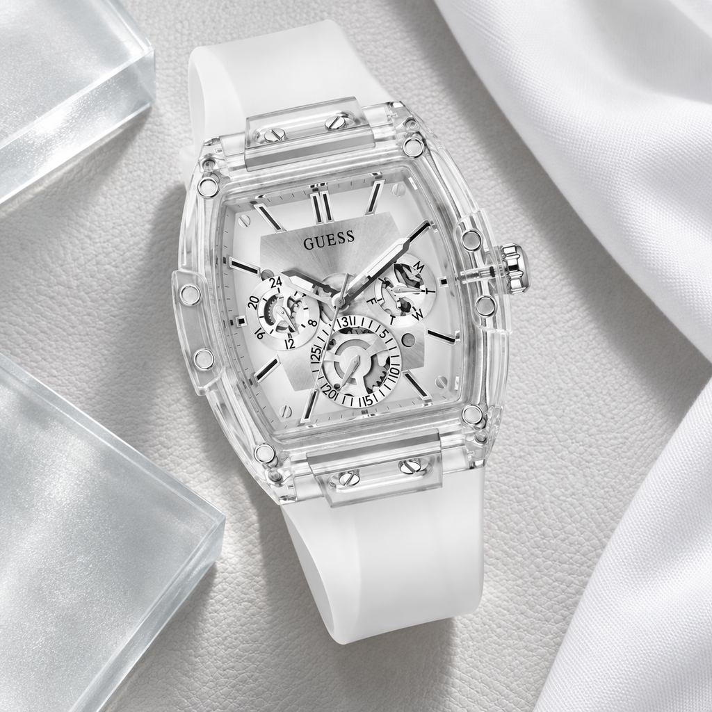 GUESS Mens Venix Clear Multi-function Watch – Venix, Clear skeleton-style multi-function dial, Clear transparent silicone strap, 41.5 mm – GW0203G1 – image 4