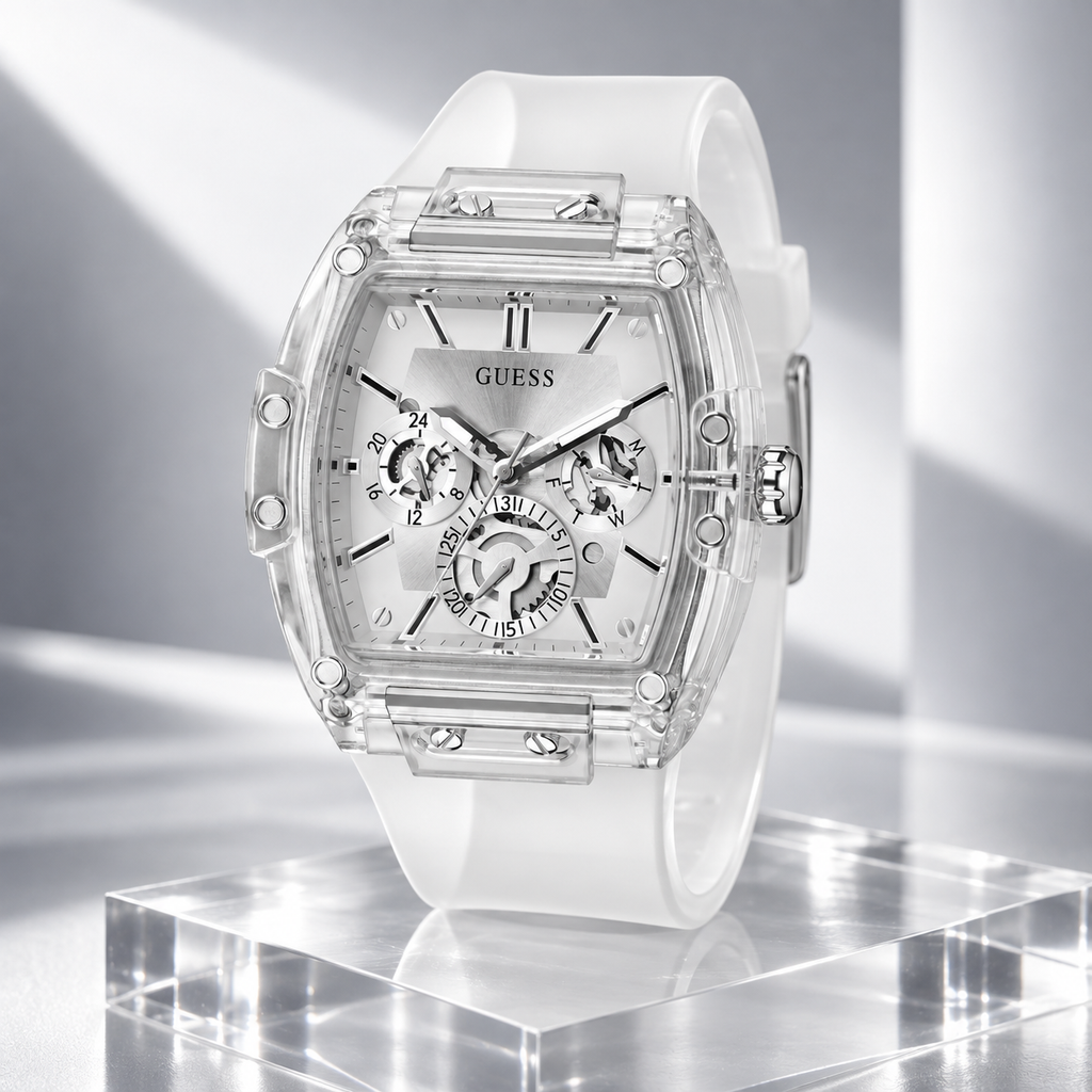 GUESS Mens Venix Clear Multi-function Watch – Venix, Clear skeleton-style multi-function dial, Clear transparent silicone strap, 41.5 mm – GW0203G1 – image 5