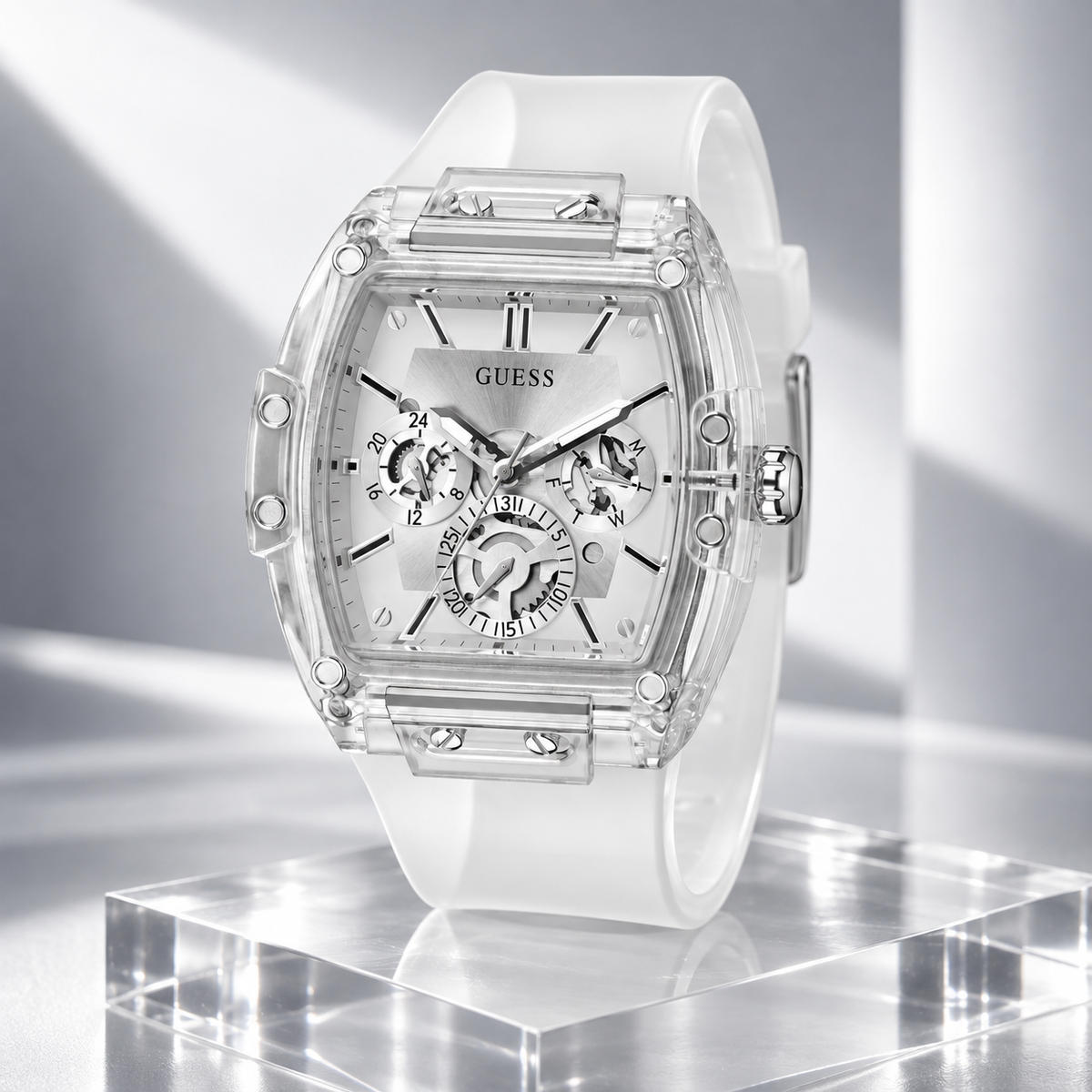 GUESS Mens Venix Clear Multi-function Watch – Venix, Clear skeleton-style multi-function dial, Clear transparent silicone strap, 41.5 mm – GW0203G1 – image 5