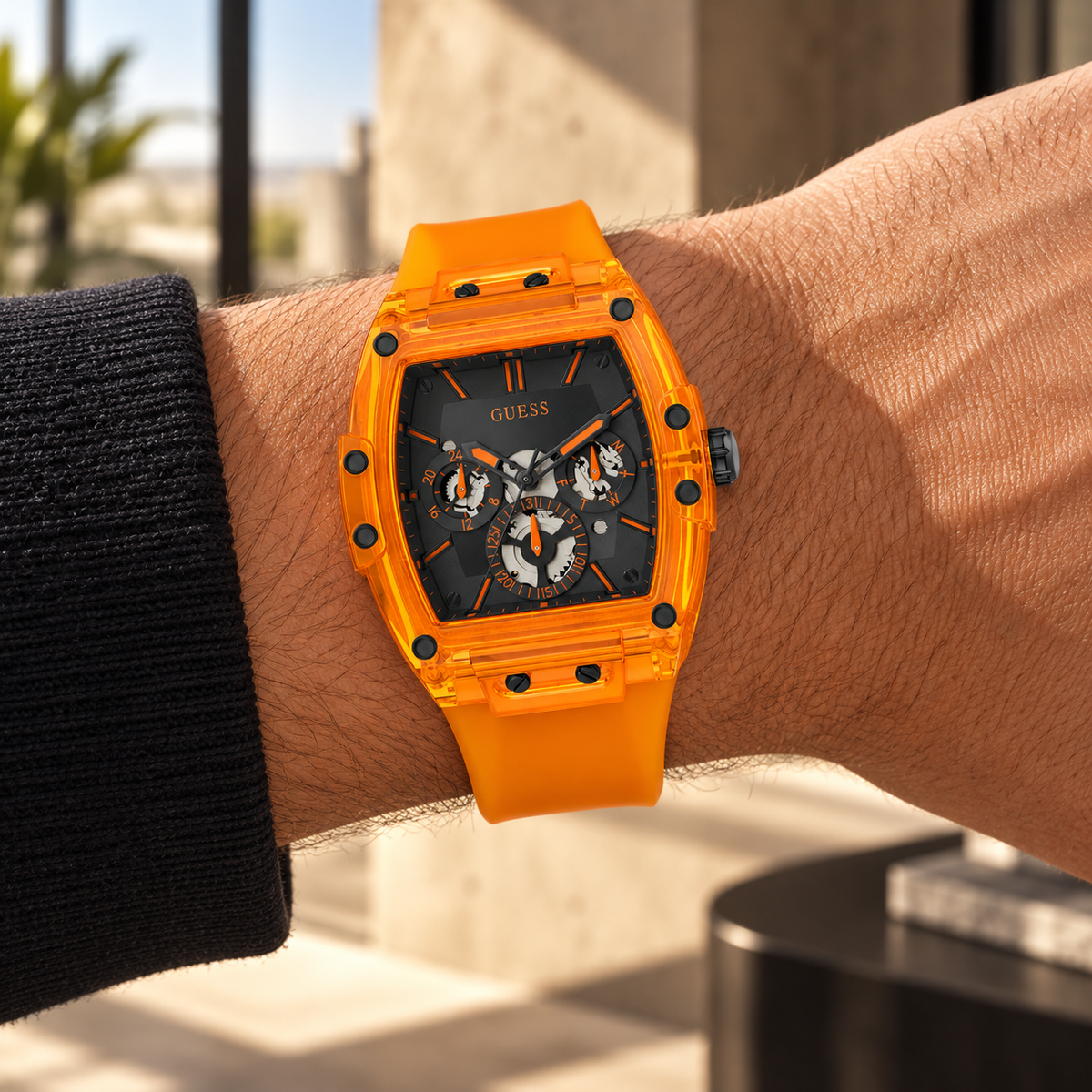 GUESS Mens Venix Orange Multi-function Watch – Venix, Black skeleton-style multi-function dial, Orange translucent silicone strap, 41.5 mm – GW0203G10 – image 1