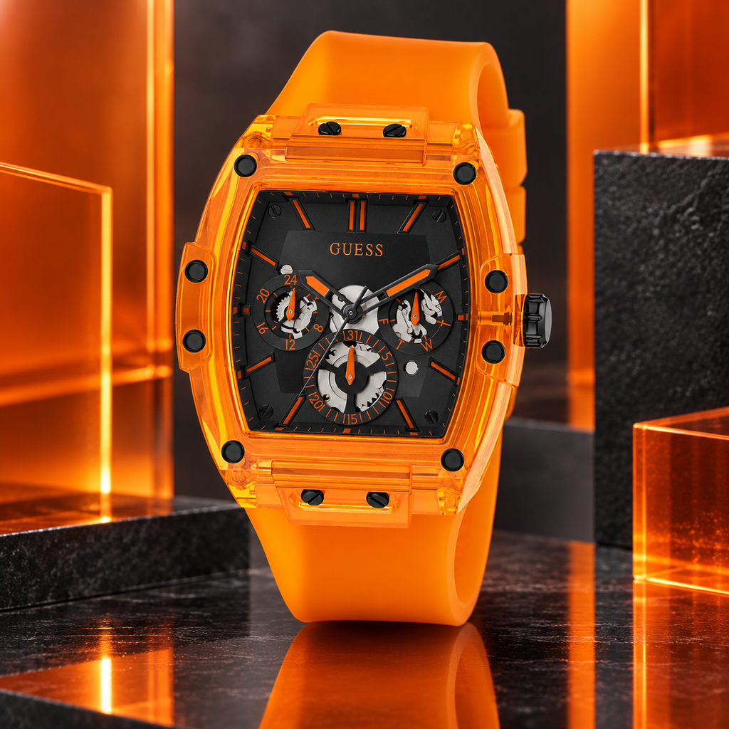 GUESS Mens Venix Orange Multi-function Watch – Venix, Black skeleton-style multi-function dial, Orange translucent silicone strap, 41.5 mm – GW0203G10 – image 2