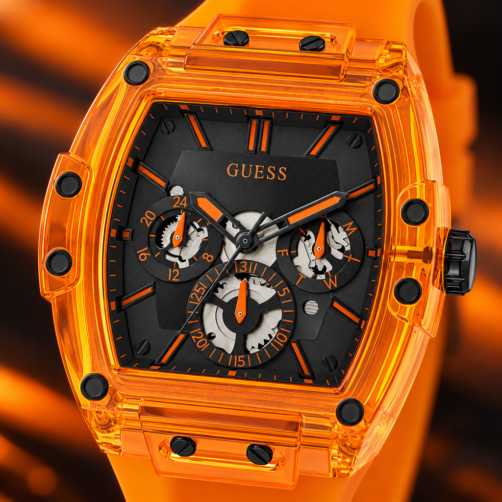 GUESS Mens Venix Orange Multi-function Watch – Venix, Black skeleton-style multi-function dial, Orange translucent silicone strap, 41.5 mm – GW0203G10 – image 3