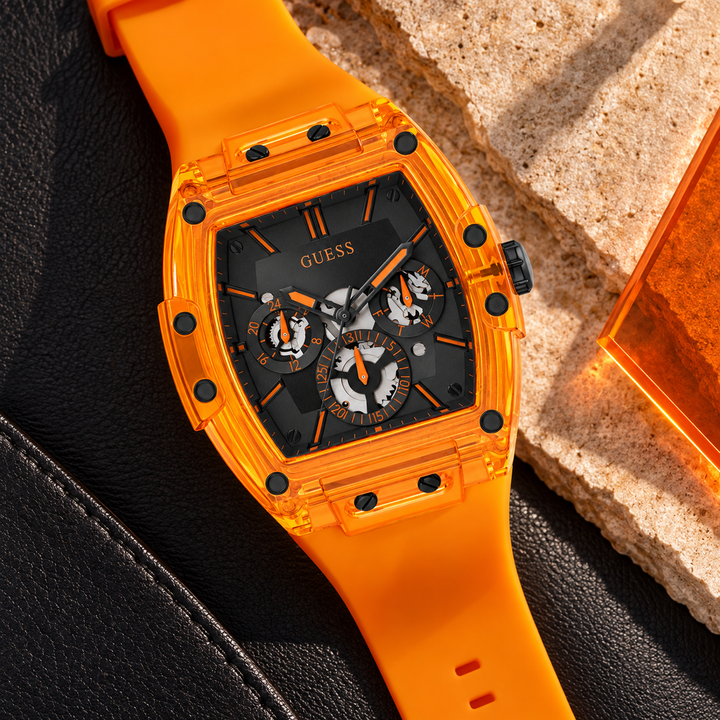 GUESS Mens Venix Orange Multi-function Watch – Venix, Black skeleton-style multi-function dial, Orange translucent silicone strap, 41.5 mm – GW0203G10 – image 4