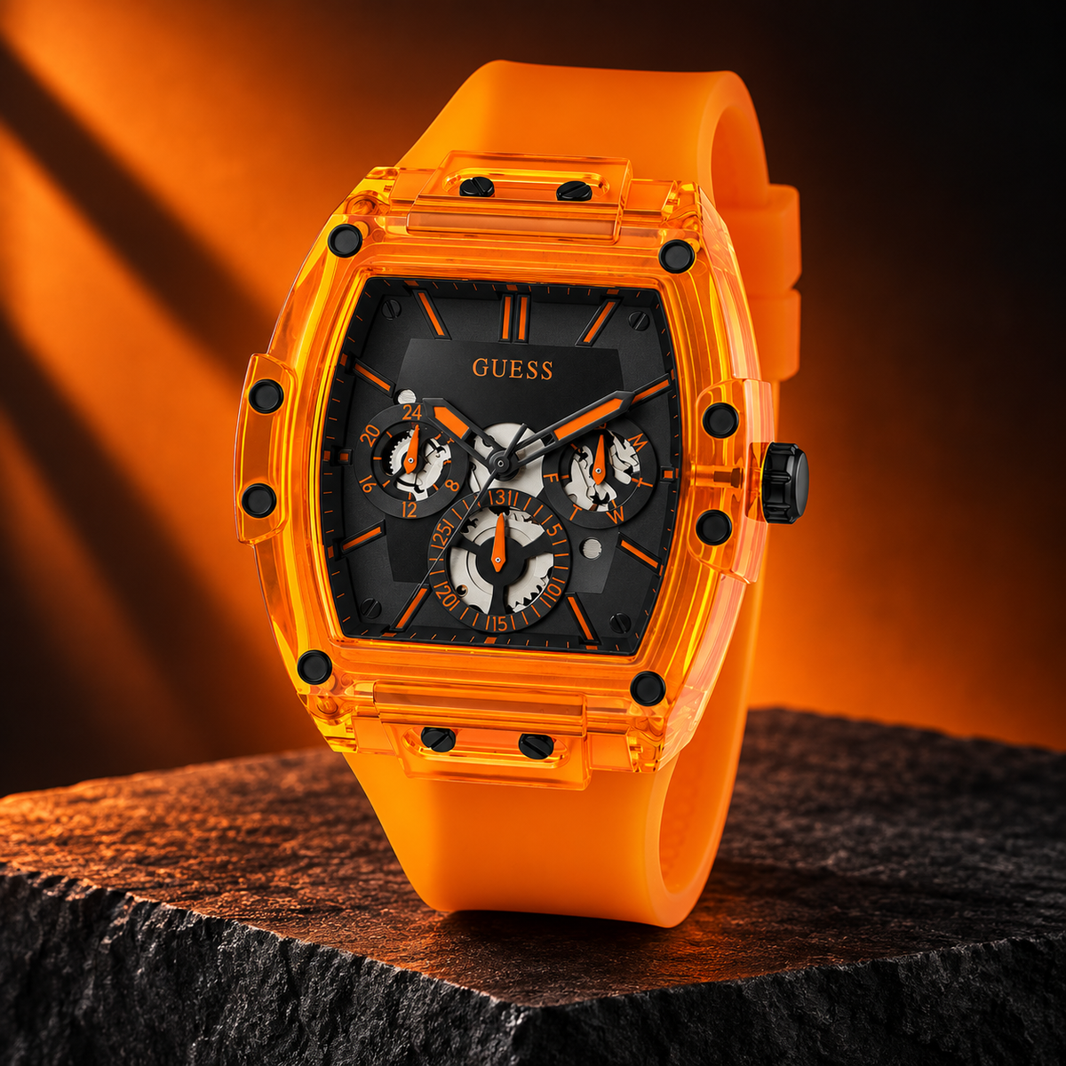 GUESS Mens Venix Orange Multi-function Watch – Venix, Black skeleton-style multi-function dial, Orange translucent silicone strap, 41.5 mm – GW0203G10 – image 5
