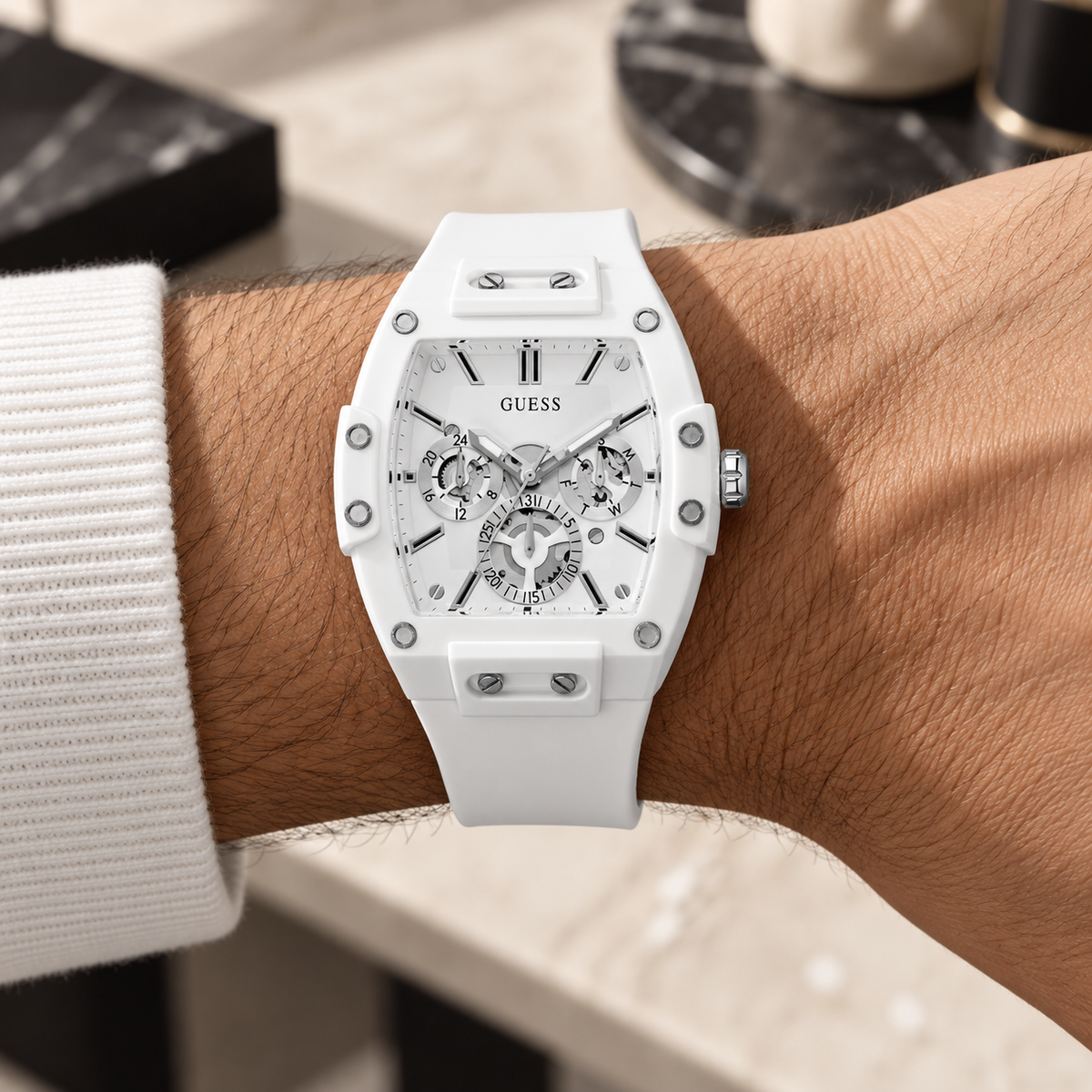 GUESS Mens Venix White Multi-function Watch – Venix, Silver-tone skeleton-style dial, White silicone strap, 41.5 mm – GW0203G2 – image 1