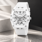 GUESS Mens Venix White Multi-function Watch – Venix, Silver-tone skeleton-style dial, White silicone strap, 41.5 mm – GW0203G2 – image 2