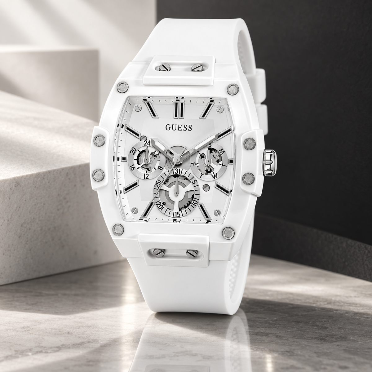 GUESS Mens Venix White Multi-function Watch – Venix, Silver-tone skeleton-style dial, White silicone strap, 41.5 mm – GW0203G2 – image 2