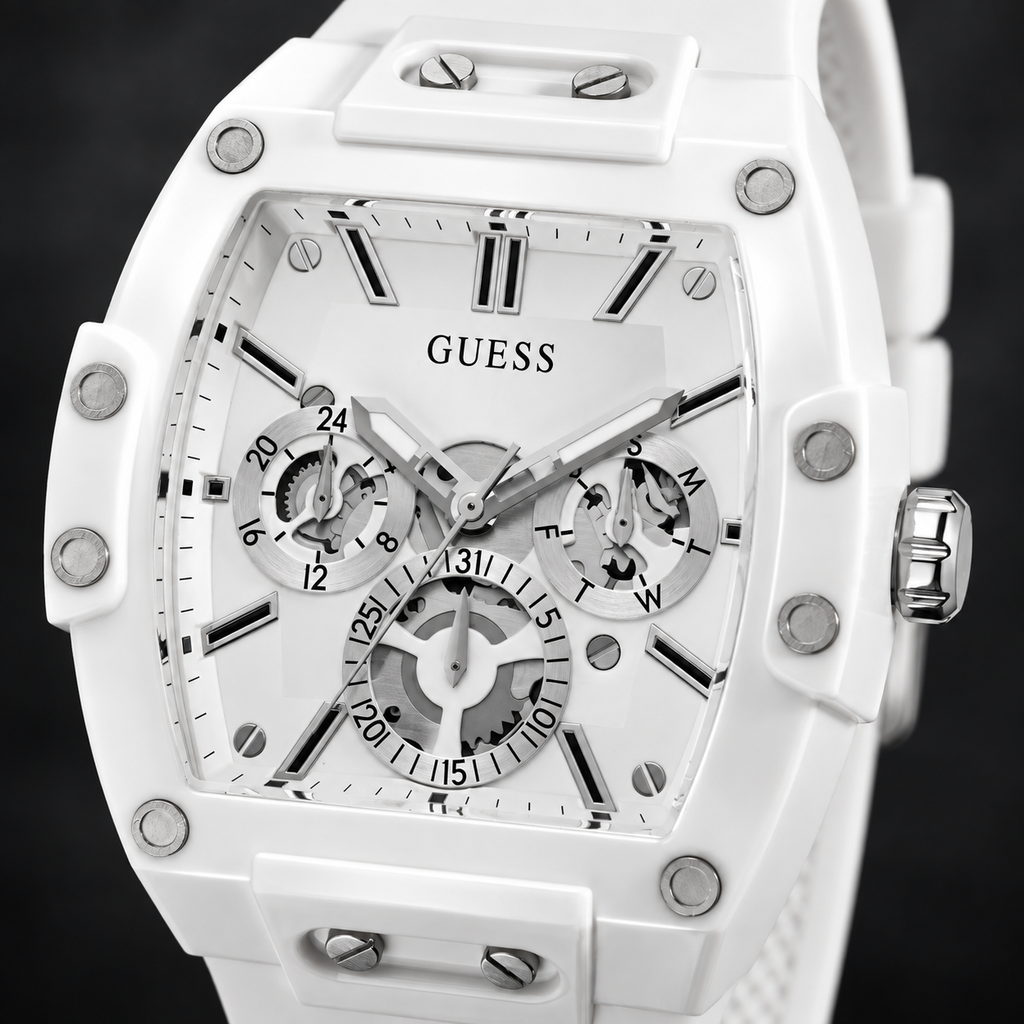 GUESS Mens Venix White Multi-function Watch – Venix, Silver-tone skeleton-style dial, White silicone strap, 41.5 mm – GW0203G2 – image 3